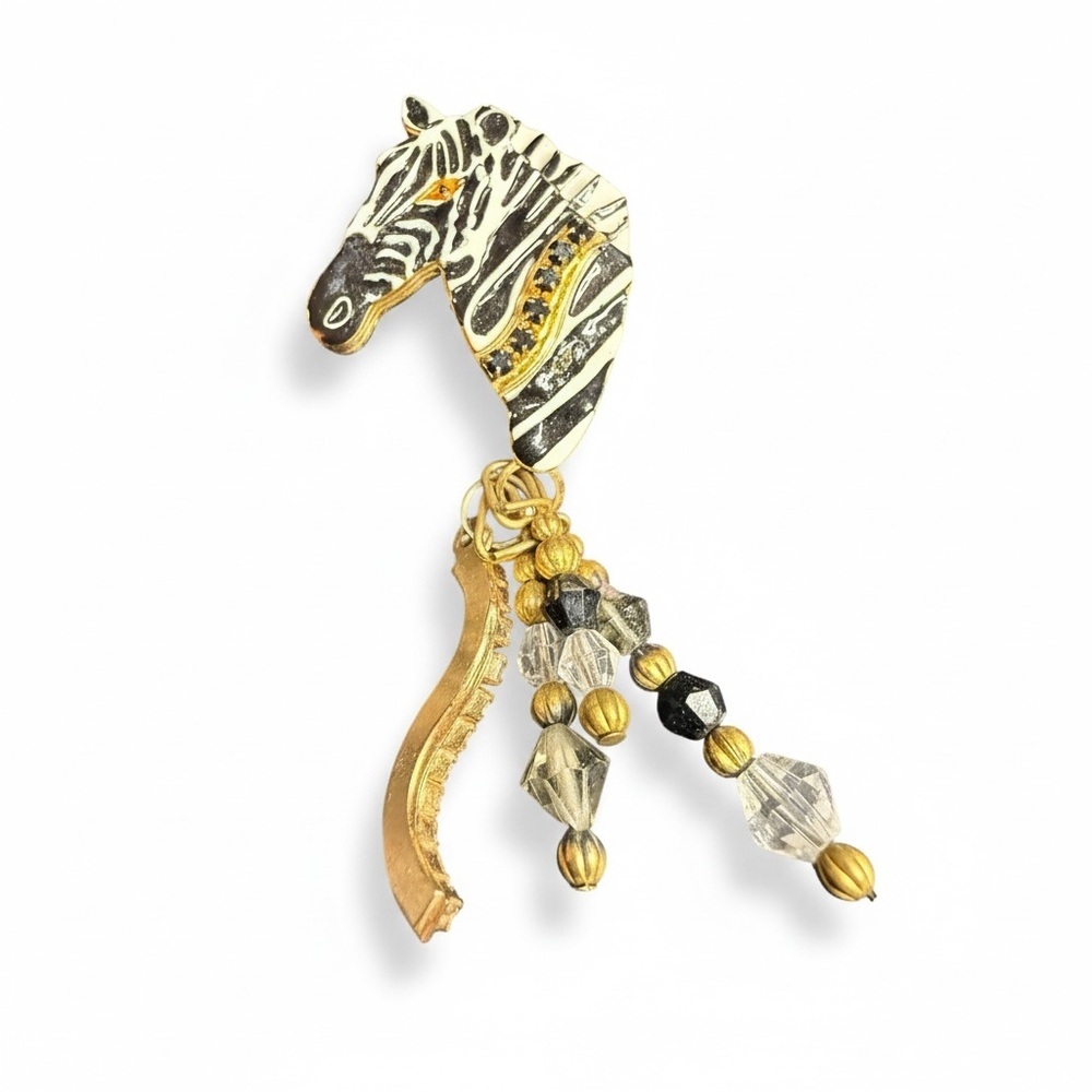 Vintage Lunch at the Ritz Zebra Head Earrings Gold Enamel Beaded Dangle Animal - Picture 4 of 6